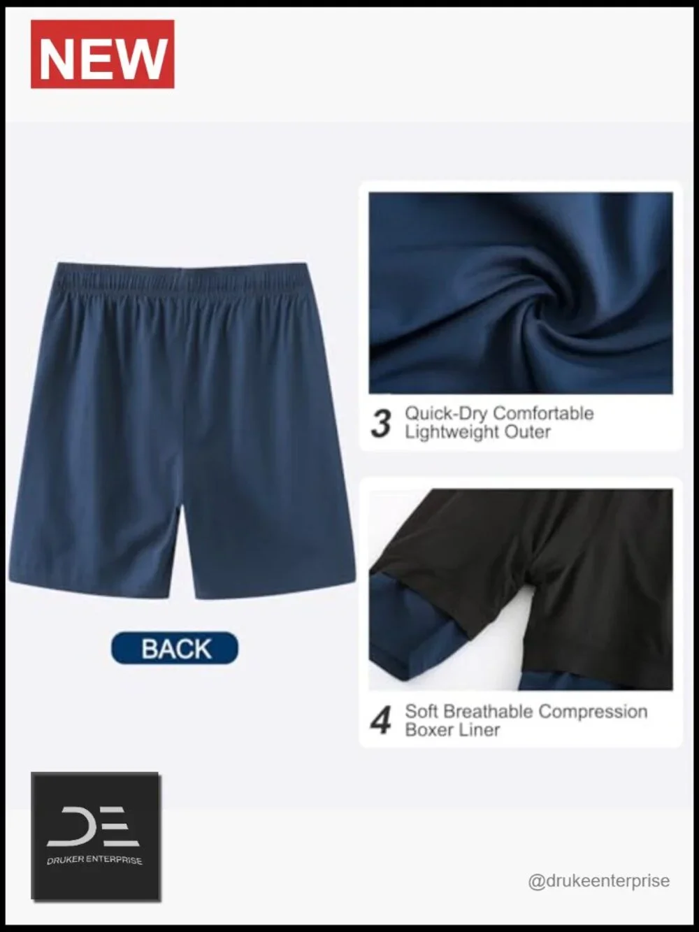Quick Dry Swim Trunks with Compression Liner & Zipper Pockets